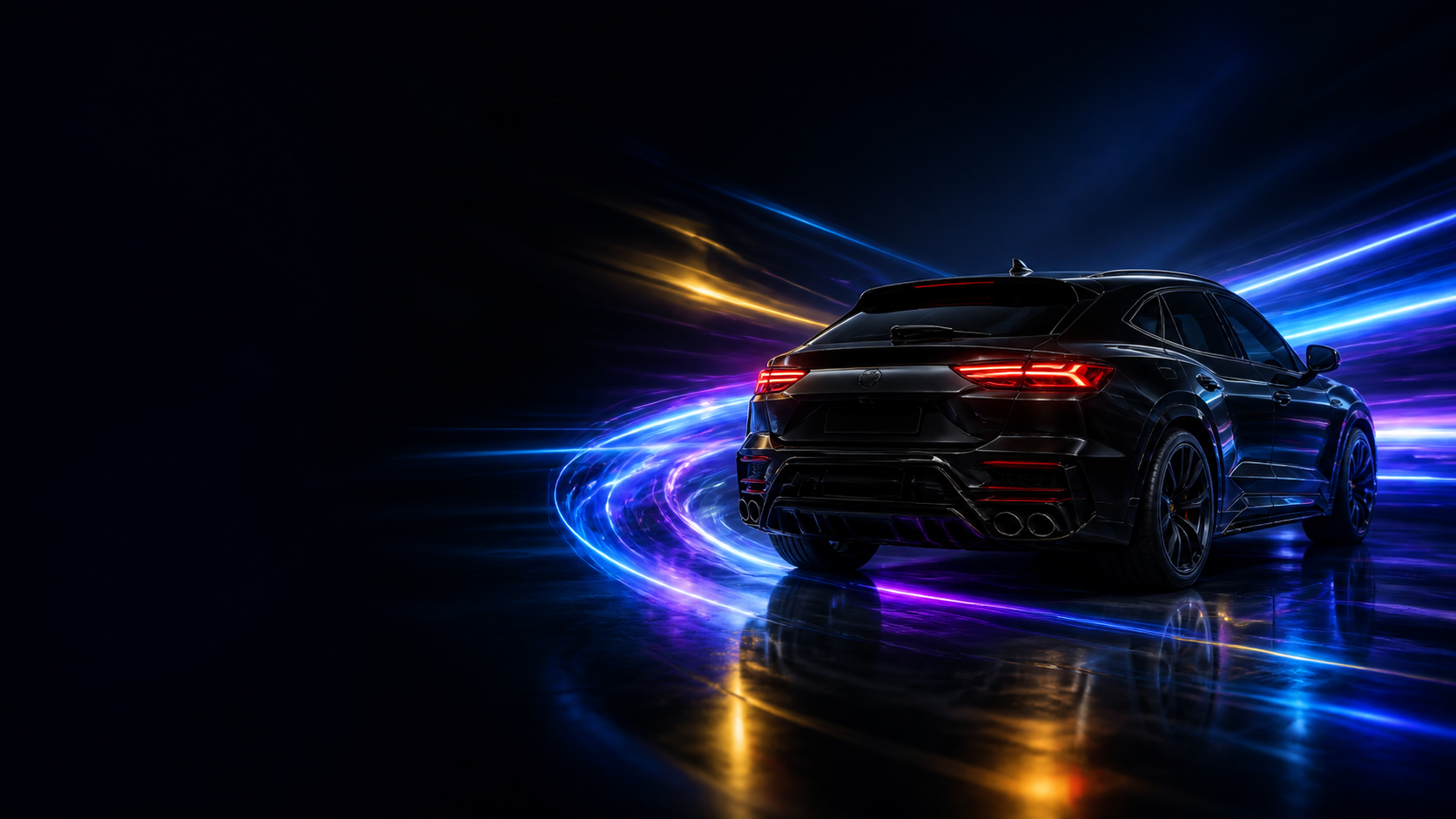 Black SUV with illuminated blue, purple, and gold data trails